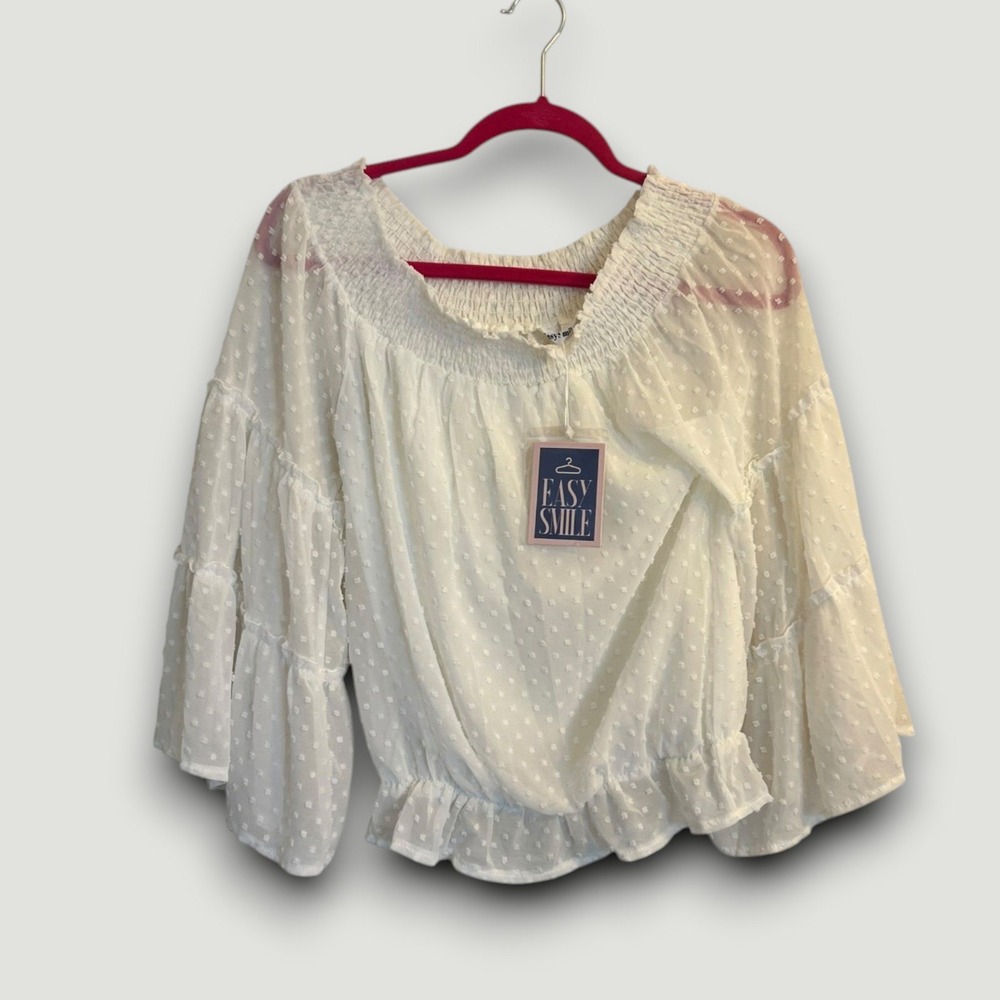 Easy Smile Blouse Womens S White New Swiss Dot Off Shoulder Feminine Relaxed Fit